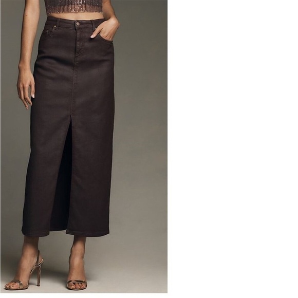 NWT Anthropologie Burgundy Madi Front Slit Coated Denim Skirt Size 14 - Picture 2 of 14
